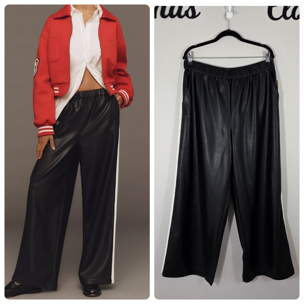 Anthropologie Maeve Black Onyx Faux Leather Pull On Track Pants Size Large NWT